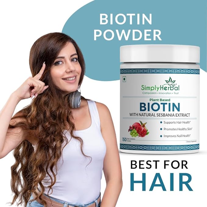 Natural Biotin Powder Vitamin B7 Supplement with Sesbania Agati Keratin Bamboo Shoot Extract Pomegranate and Amla for Stronger Shiner Hair &amp Healthier Skin for Men &amp Women – 150 gm