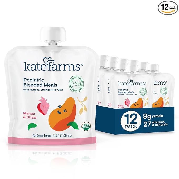 KATE FARMS Organic Pediatric Blended Meal Mango and Strawberry 8g protein organic whole foods oral or tube feed nutrition Gluten Free Non-GMO 8.45 oz (12 Pack)