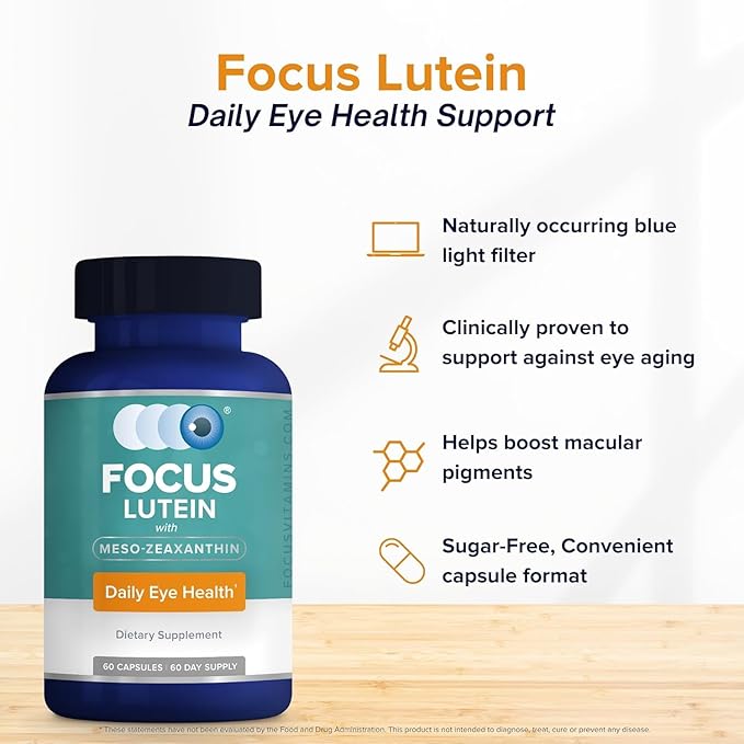 Focus Lutein for Eyes with Meso-Zeaxanthin Eye Vitamin Supplement 120 Count 120 Day Supply Daily Vision Support for Digital Screens Bright Lights Sunlight Vegan and Sugar-Free Made in USA