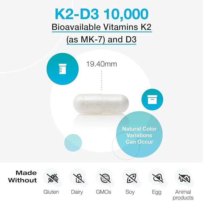 XYMOGEN K2-D3 10000 - Vitamin D3 K2 - Bioavailable Vitamin D 10000 IU (Cholecalciferol) with MK-7 - Heart Arterial Bone Health + Immune Support Supplement (60 Capsules)