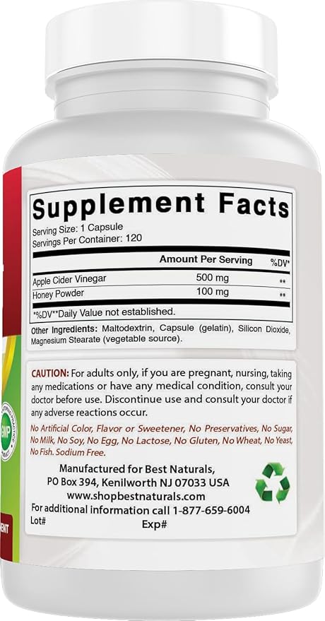 Best Naturals Apple Cider Vinegar Plus 600 Mg 120 Capsules - Vinegar Capsules for Healthier Digestion Cleanse Body Naturally (Pack of 3)