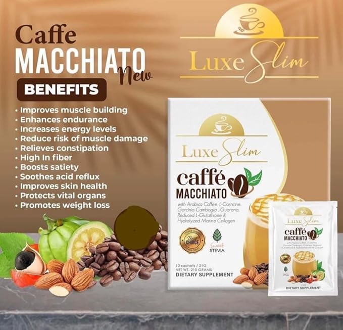 Luxe Slim Cafe Macchiato with Hydrolyzed Collagen &amp Glutathione 21g x 10 Sachets 0.74 Ounce (Pack of 8) New Packaging