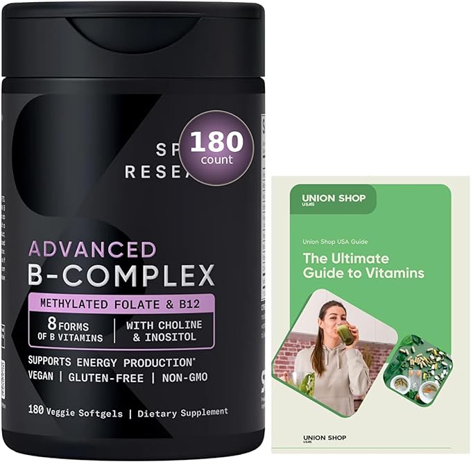 Advanced B-Complex with Methylated Folate &amp B12-3 Month-Supply - Vegan Gluten Free Non-GMO Energy - 180 Count + Exclusive Vitamin Guide