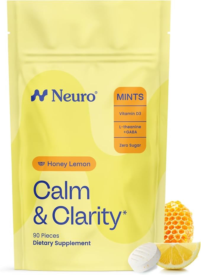 Neuro Calm &amp Clarity Mints - GABA L-Theanine Stress Supplement with Vitamin D3 - Non-Drowsy Functional Calming Mints for Mood Mental Clarity &amp Cognitive Function - Honey Lemon 90 ct