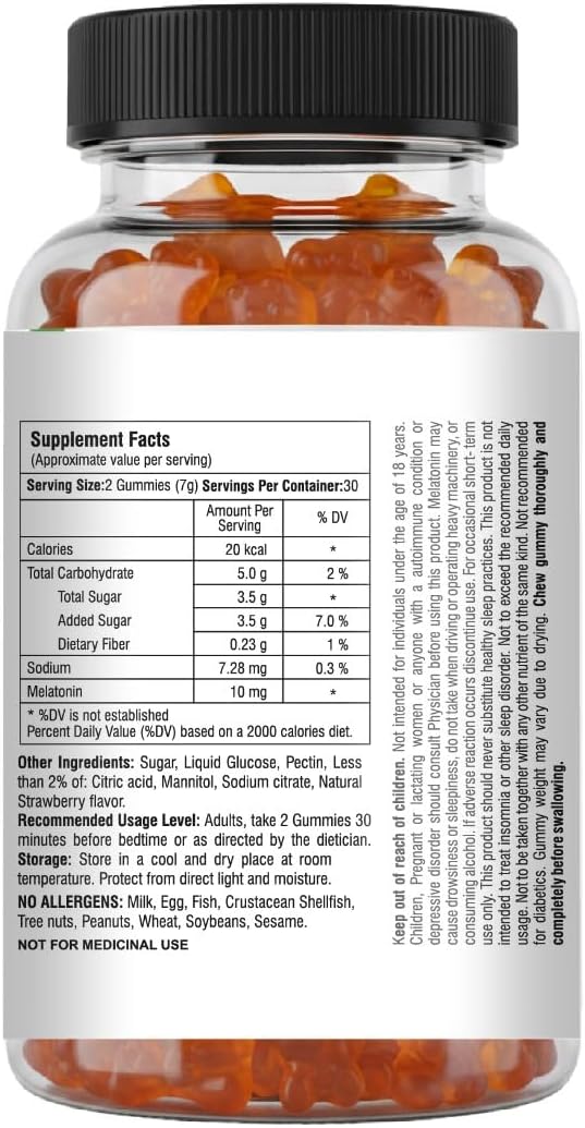 Mishas Nutraceuticals Melatonin Sleep Support Gummies for Adults 10 mg Melatonin Supplement 60 Strawberry Flavor Gummies Provides Up to 30 Days of Restful Sleep