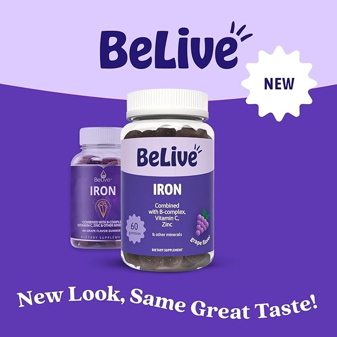 BeLive Iron Gummies - Multivitamin Iron Supplement with Vitamin C A B &amp Zinc Supports Blood Oxygen Vegan Supplements for Women Men &amp Kids for Growth and Development - Grape Flavor | 5-Pac