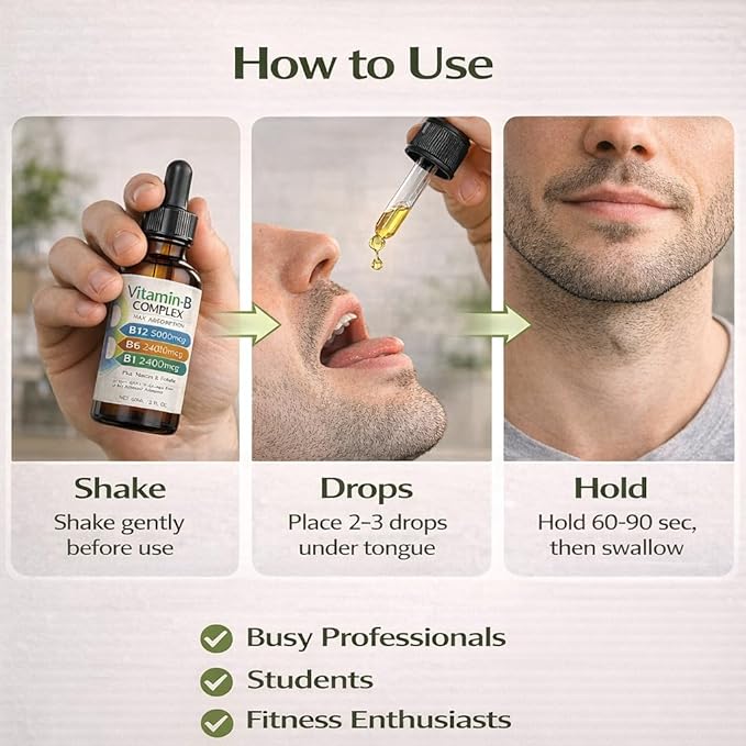 Vitamin B12 Complex Liquid Drops Sublingual B Complex with B12 B6 B1 Niacin &amp Folic Acid for Metabolic Health &amp Energy Support Vegan | Non-GMO | Gluten Free 60ml/2 fl oz 60 Servings (2p