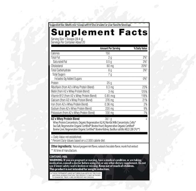 A2 Protein Powder Peppermint Milkshake 25 G Protein per Serving Organic A2/A2 Whey Casein Blend With Probiotics and Celtic Sea Salt Gluten Free Workout Supplement Non GMO 20 Serv 27.4 Oz