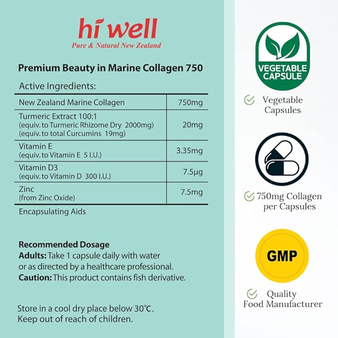 (Pack of 3) Hi Well Premium Beauty in Marine Collagen 750 60 Vege Capsules