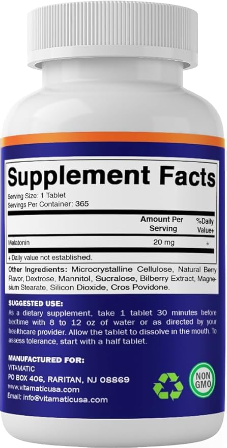 Vitamatic Melatonin 20 mg Tablets | Vegetarian Non-GMO Gluten Free | 1 Year Supply | Natural Berry Flavor - 365 Tablets