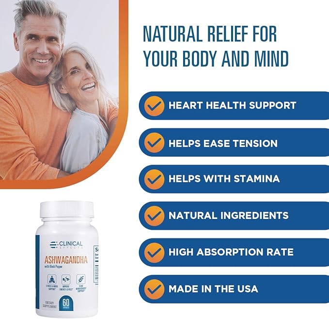Clinical Effects Ashwagandha with Black Pepper for Stamina and Calm - 3 Pack 180 Ashwagandha Capsules - Made in The USA