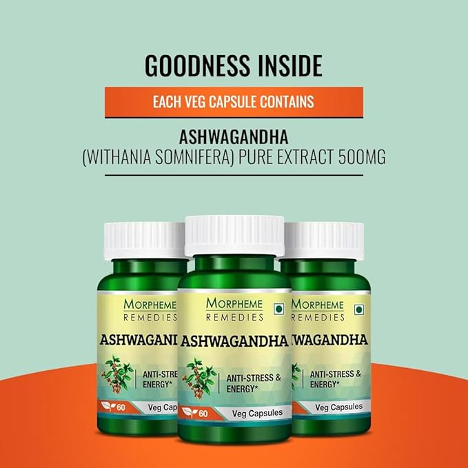 Morpheme Ashwagandha (Withania somnifera) 500mg Extract 60 Veg Caps - 3 Combo Pack
