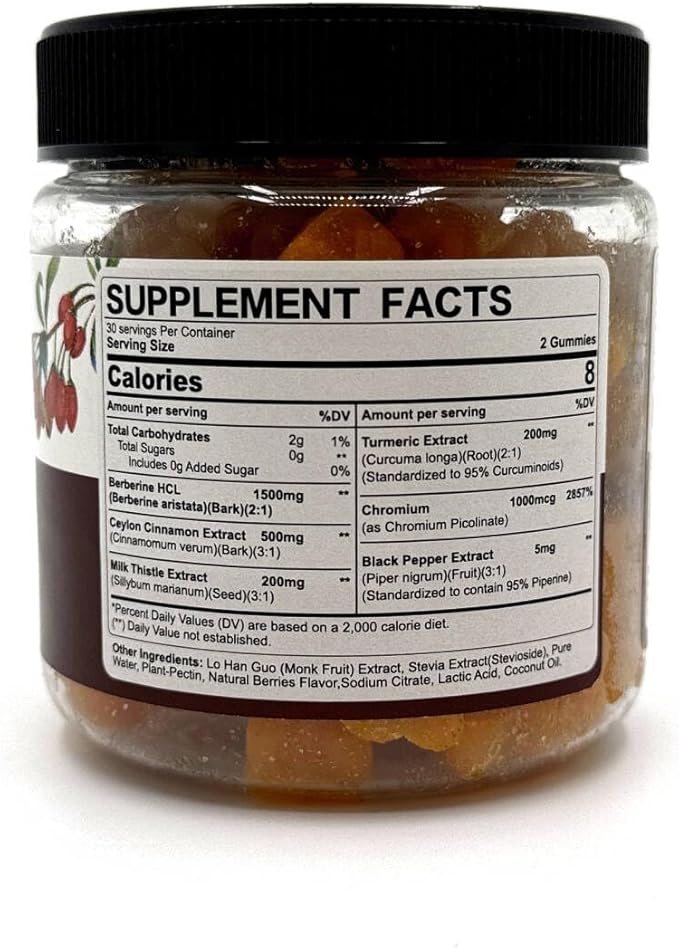 Berberine Gummies Supplement 1500mg Natural GLP-1 Support + Ceylon Cinnamon Chromium Milk Thistle Turmeric AMPK Activator for Women &amp Men Berberine HCl from Indian Barberry Sugar Free 60 C
