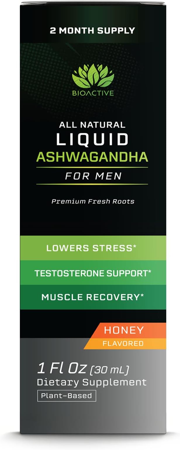 BIOACTIVE Liquid Ashwagandha Drops - Testosterone Health Supplement* - Adaptogen for Stress Support Men’s Wellness - Organic Vegetarian Gluten Free Non-GMO 59 Servings (1 Oz Honey)