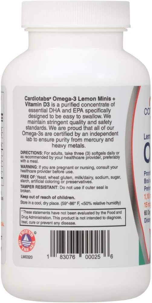 Omega 3 Lemon Minis + Vitamin D3 1100 mg Omega-3 in Triglyceride Form and 600 IU Vitamin D3 Easy-to-Swallow Fresh Lemon-Flavored Omega-3 Supplement Softgels - 180 Count