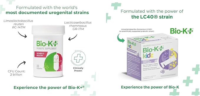 Bio K+ Women's Health Probiotic Bundle – Vaginal &amp Urinary Tract Support 2B CFU + Daily Probiotic for Kids with Limosilactobacillus fermentum LC40® Vitamin D3 28 Packets Non-GMO Gluten-Free