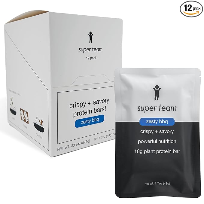 Super Team Savory + Crispy Protein Bars - Zesty BBQ - 12-Count Snack Bars - High Protein (18g) High Fiber (7g) Low Sugar (1g) - Gluten Free Nut Free Soy Free Vegan Plant Based Meal Replacement