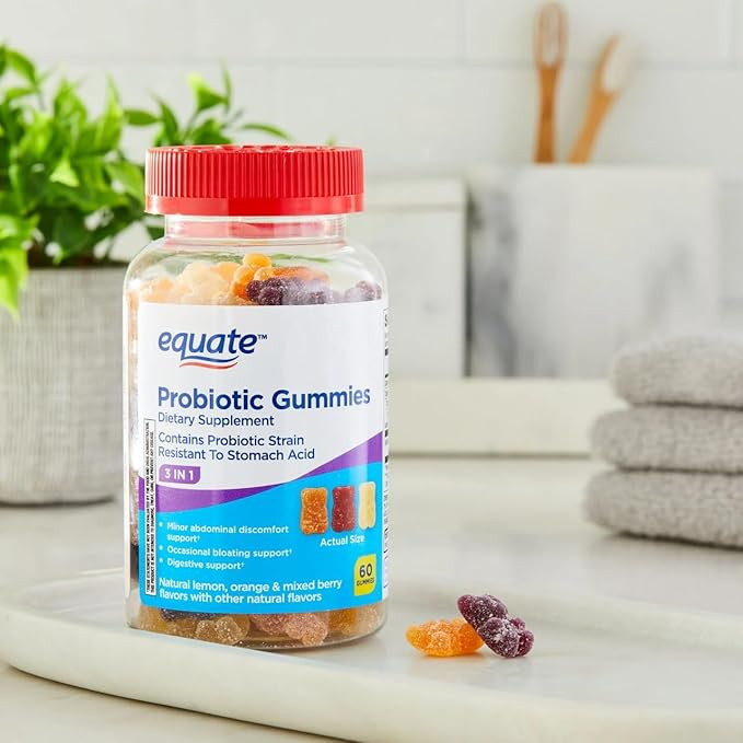 Equate 3-in-1 Probiotic Gummies with Bacillus Coagulans Natural Fruit Flavors 60 Count Sticker