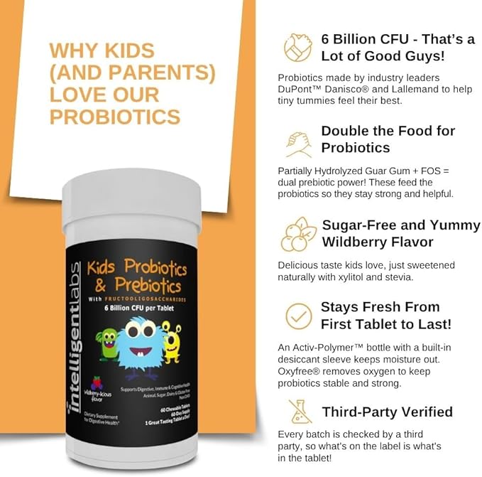 Intelligent Labs Kids/Children Probiotics 6 Billion CFU with Prebiotics PHGG &amp FOS Once-Daily Chewable Great Taste 10x Effectiveness 60-Day Supply Third-Party Verified