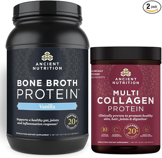 Ancient Nutrition Bone Broth Protein Powder Vanilla 40 Servings + Multi Collagen Protein Powder Unflavored 45 Servings