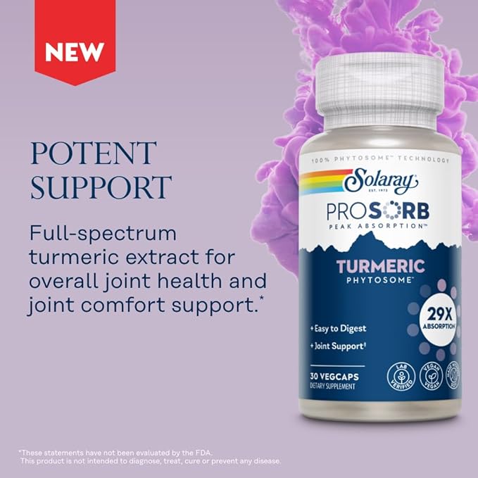 SOLARAY ProSorb Turmeric Supplement Phytosome 500 mg - 29X High Absorption Turmeric Curcumin Supplement for Joint Health Support - Easy-to-Digest Curcumin Vegan 60-Day Guarantee 30 Serv 30 VegCaps