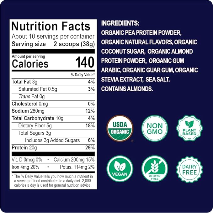 Enchant Organic Protein Powder Vanilla Almond flavor – 20g Plant Protein sourced from North American Farms 5g Prebiotic + fiber USDA Organic Non-GMO Plant-based Non-Dairy Vegan 0.84 lb