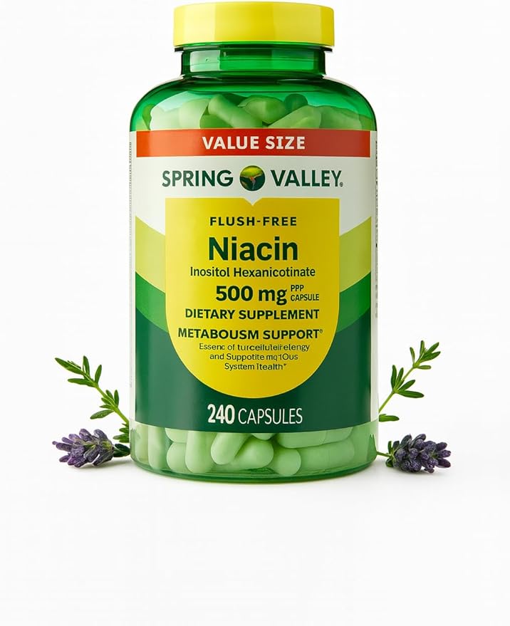 Spring Valley Vitamin B3 Niacin 500 mg Flush Free Capsules (Vitamin B3) Metabolism Support Gluten Free (240 Pills)