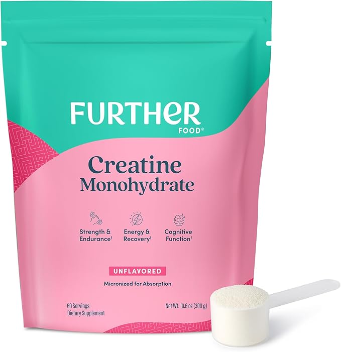 Further Food Unflavored Creatine Monohydrate Powder 100% Pure Micronized Sugar-Free Supports Strength Energy and Muscle Recovery 60 Servings 10.6 Oz