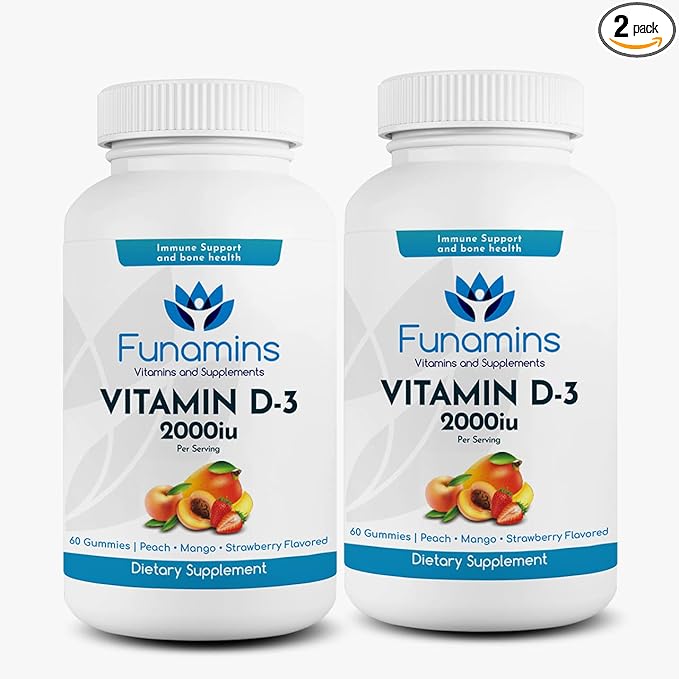 Vitamin D3 Gummies 2-Pack 60 Count Each 2000iu per Serving Supports Immune System and Bone Health for Kids &amp Adults Peach Mango Strawberry Flavors