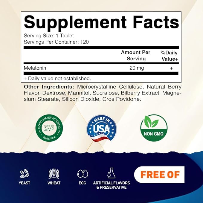 Vitamatic Melatonin 20 mg Tablets –Natural Berry Flavor – 120 Vegetarian Tablets per Bottle – 6 Bottles (Total 720)
