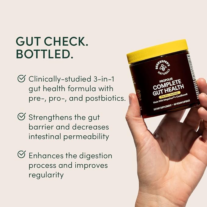 Complete Gut Health by Beekeeper's Naturals 3-in-1 Prebiotic Postbiotic Probiotics for Digestive Health &amp Bloating Relief for Women &amp Men Propolis Powered Gluten-Free Vegan Capsules 60ct