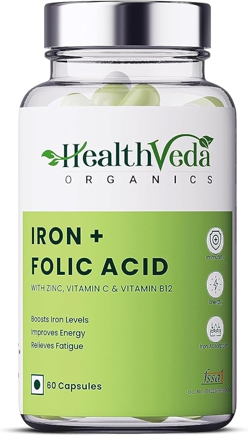 Iron + Folic Acid Supplement with Zinc Vitamin C &amp Vitamin B12 | 60 Veg Capsules | SupportsImmunity and Energy | Enhances Iron Absorption| for Both Men &amp Women