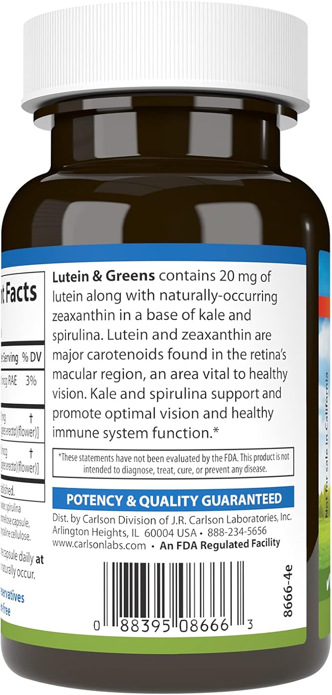 Carlson - Lutein &amp Greens 20 mg Vision Support &amp Eye Function Antioxidant 60 Vegetarian Capsules
