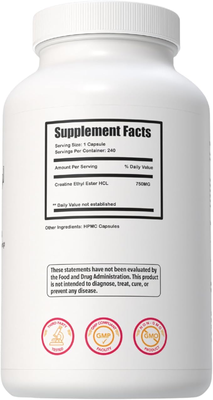Creatine Ethyl Ester HCI Pills 7X Concentrated vs Monohydrate Powder Cognitive Energy Muscle Recovery Support for Men &amp Women | Only 1 Ingredient | Creatine HCI Capsules 240 Servings