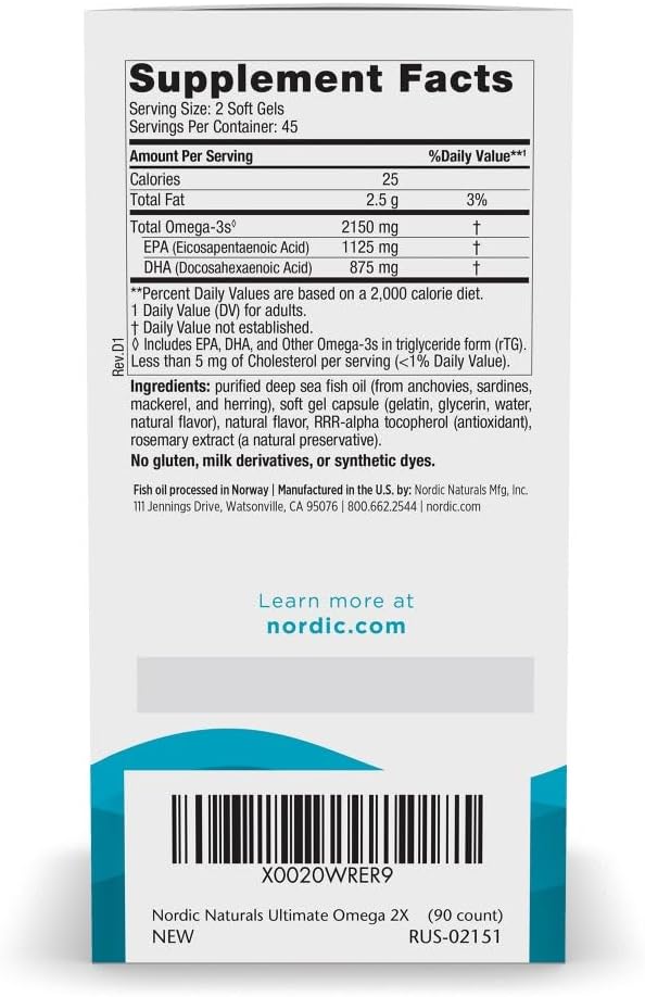 Nordic Naturals Ultimate Omega 2X Lemon Flavor - 90 Soft Gels - 2150 mg Omega- High-Potency Omega-3 Fish Oil with EPA &amp DHA - Promotes Brain &amp Heart Health - Non-GMO - 45 Servings