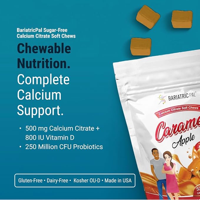 BariatricPal Sugar-Free Calcium Citrate Soft Chews | 500mg with Vitamin D &amp Probiotics | Caramel Apple | 90 Count (1 Month Supply)