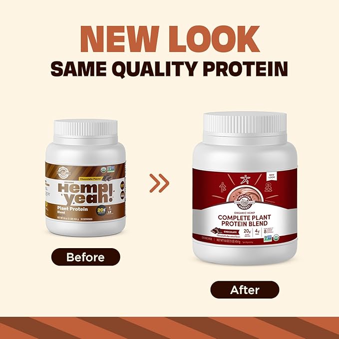 Manitoba Harvest Hemp Yeah Organic Plant-Based Protein Powder with 20g of Complete Plant 4g of Fiber &amp 1.9g Omegas 3&amp6 Non-GMO Vegan Chocolate 16 Oz Packaging May Vary