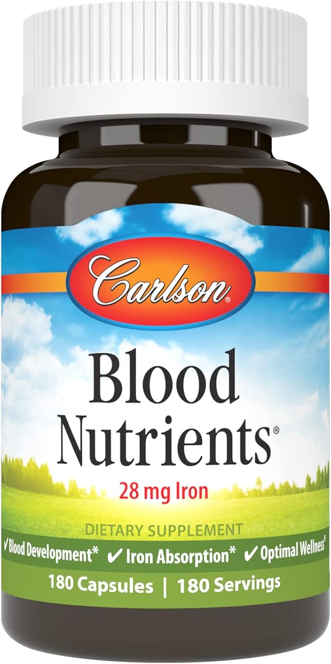 Carlson - Blood Nutrients 28 mg Iron Blood Development Iron Absorption &amp Optimal Wellness 180 Capsules