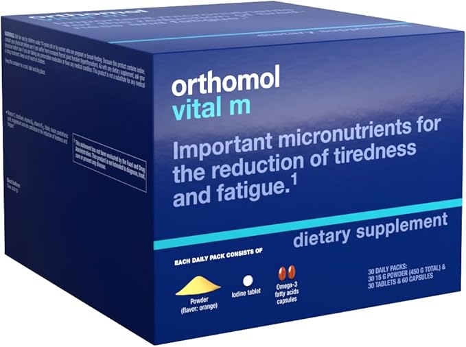 Orthomol Vital M Powder &amp Tablet Packet for Men 30-Day Vitamin Supplement – Daily Energy Fatigue Reduction &amp Vitality Support with Vitamins A B C D E K Omega-3 &amp Iodine