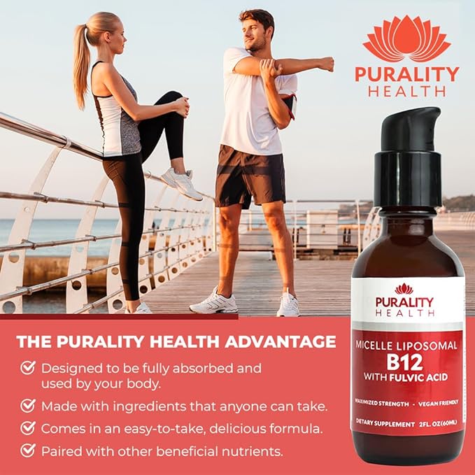 PURALITY HEALTH Micelle Liposomal Liquid Vitamin B12 with Fulvic Acid 2500 mcg. Combined Methylcobalamin with Organic Glycerin Extract Maximum Absorption Energy Boost Vegan Friendly