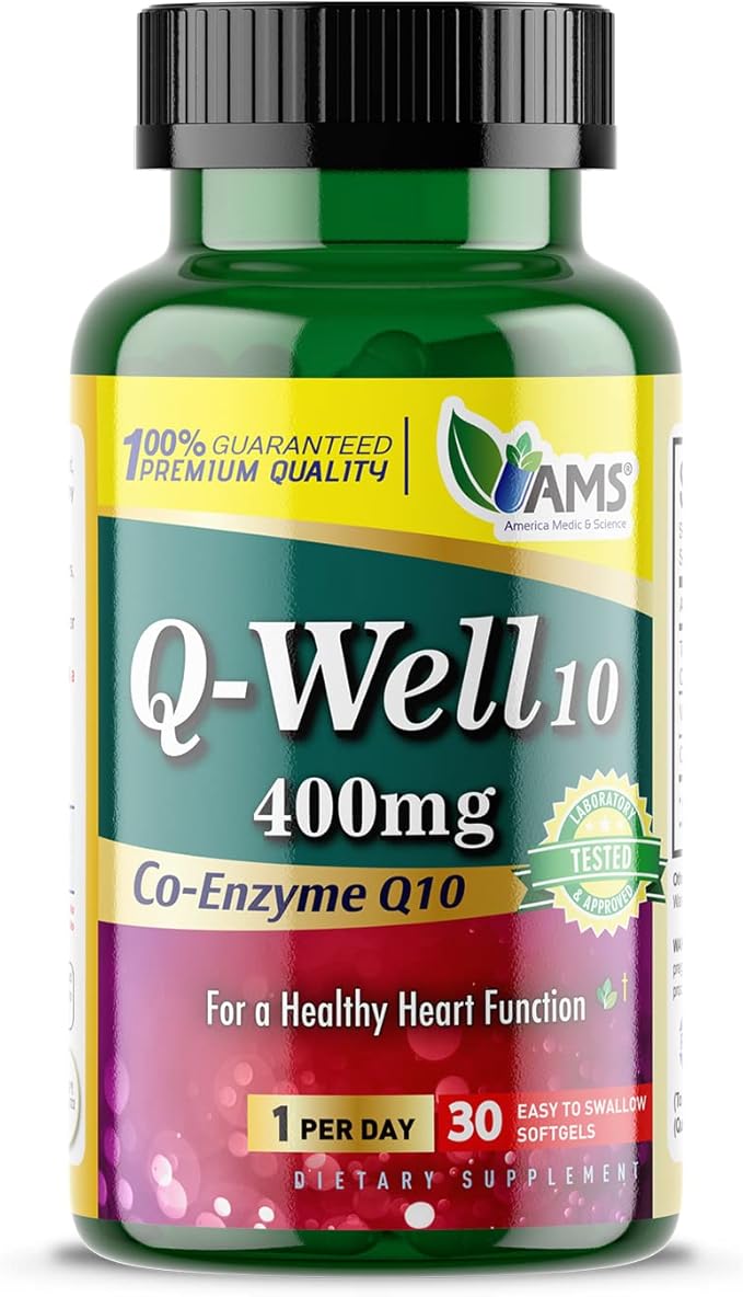 America Medic &amp Science Q-Well-10 (30 Pieces) | CoQ10 400mg Softgels | Nutritional Supplement with Coenzyme Q10 and Vitamin E | High Absorption Antioxidant for Enhanced Wellness and Heart Health