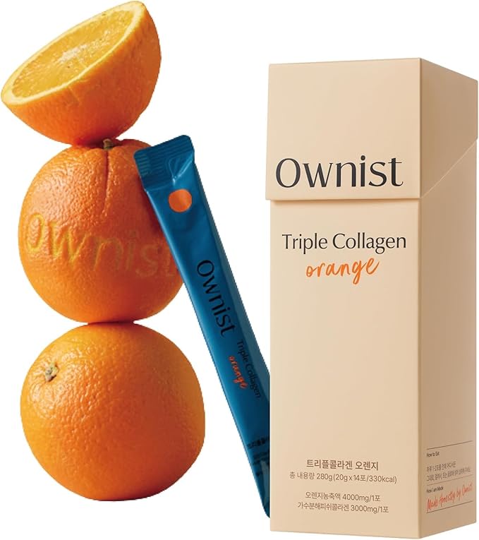 Ownist Triple Collagen Liquid Packets On-The-Go - Peptides with Hydrolyzed Marine Collagen Elastin Hyaluronic Acid and Vitamin for Healthy Skin - Orange Flavor - 14 Individual Stick Packs