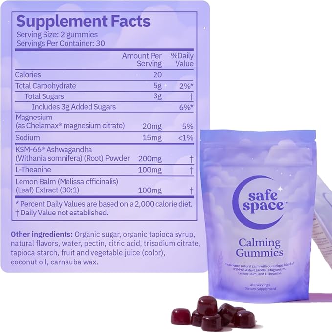 Safe Space Calming Gummies – Stress Relief with Ashwagandha L-Theanine Magnesium &amp Lemon Balm – Relaxation &amp Sleep Support – from ASMR – Vegan (60 Count)
