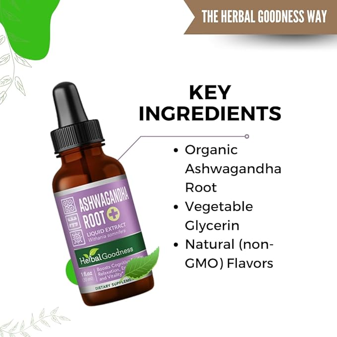 Ashwagandha Root Extract | Organic Ashwagandha Supplements for Women &amp Men | Natural Calm Mood Support Supplement | Non-GMO Vegan Adaptogenic Fast Absorption Liquid Drops 1 fl. oz