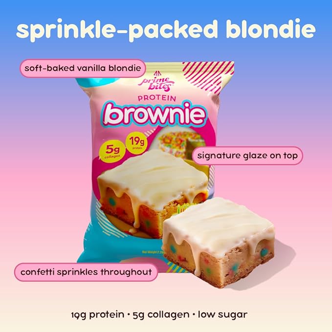 Prime Bites High Protein Brownie (12 Per Box Birthday Cake Blondie) - 19g of Protein 5g of Collagen Gluten Free Low Sugar Treat Delicious Protein Snack