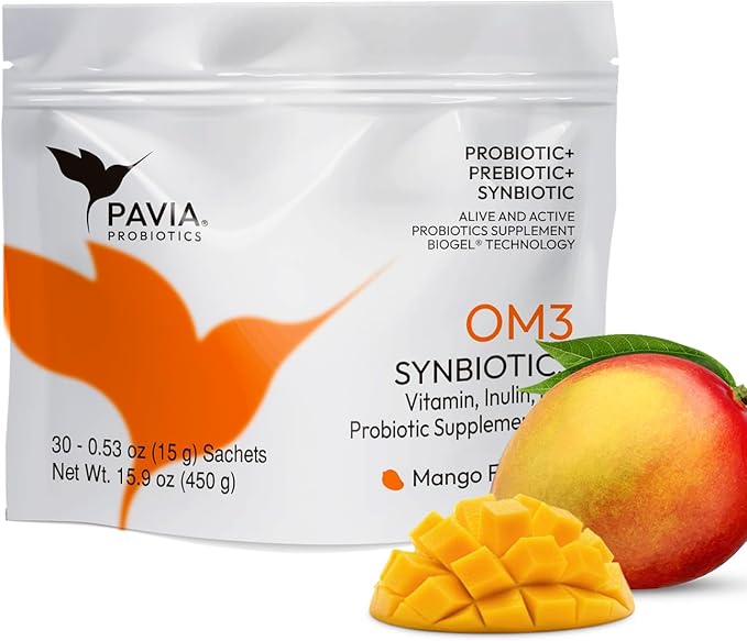 Pavia Live Probiotics Bio-Gel with Omega 3 | Probiotics &amp Prebiotics with Nutrients | Cognitive &amp Focus Support | Sugar Free | Mango Flavor | 1 Billion Live Cultures | 30 Sachets