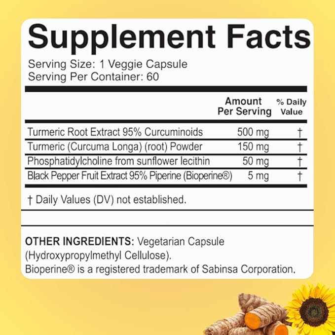 Dr. Colbert MD High Potency Turmeric Curcumin with Bioperine | by Divine Health | Black Pepper for Absorption | Sunflower Phosphatidylcholine | 500mg 95% Curcuminoids | 60 Servings