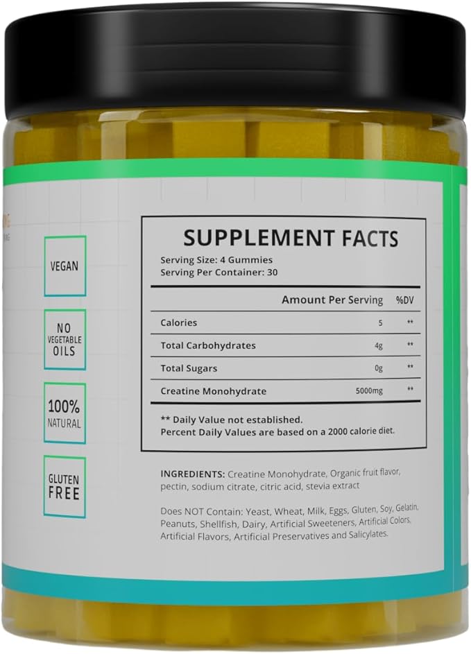 Jaeva Sugar Free Creatine Monohydrate Gummies 5g 5000mg for Men &amp Women Lemon - 120 Count Pre Workout Chews for Energy Boost for Building Muscle and Strength Vegan Non-GMO- 3rd Party lab Tes