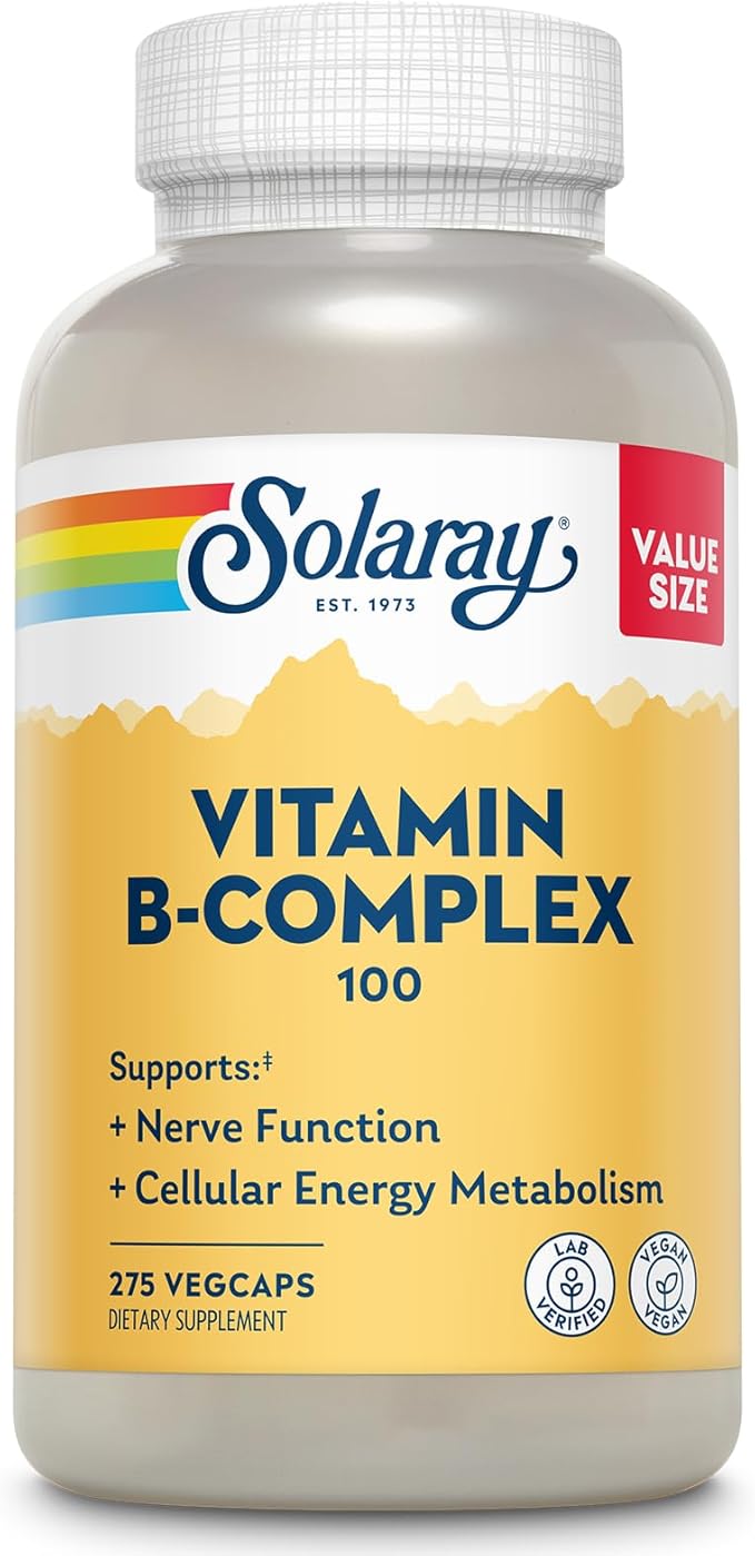 SOLARAY Vitamin B Complex 100mg - Cellular Energy Nerve and Heart Health Support - Supplies All 8 B Complex Vitamins - Vitamin B12 B1 B2 B3 B6 Niacin Folic Acid and Biotin - Vegan 275 Servings