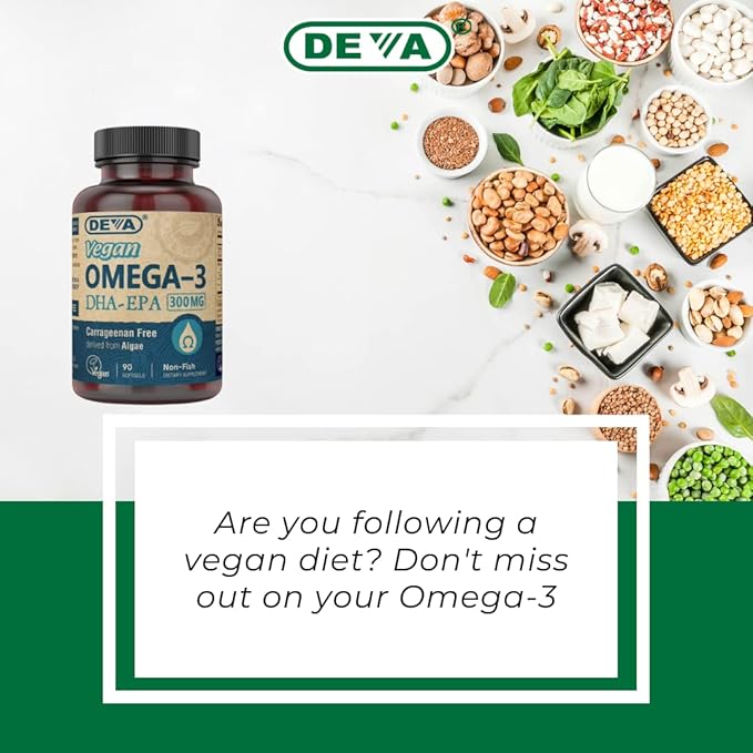 DEVA Vegan DHA-EPA Nutritional Supplement Non-Fish Derived from Algae 300 mg Potency 90 Vegetarian Softgels - Pack of 2